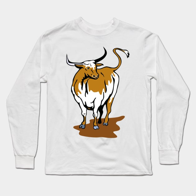 Texas Longhorn Bull Standing  Retro Long Sleeve T-Shirt by retrovectors